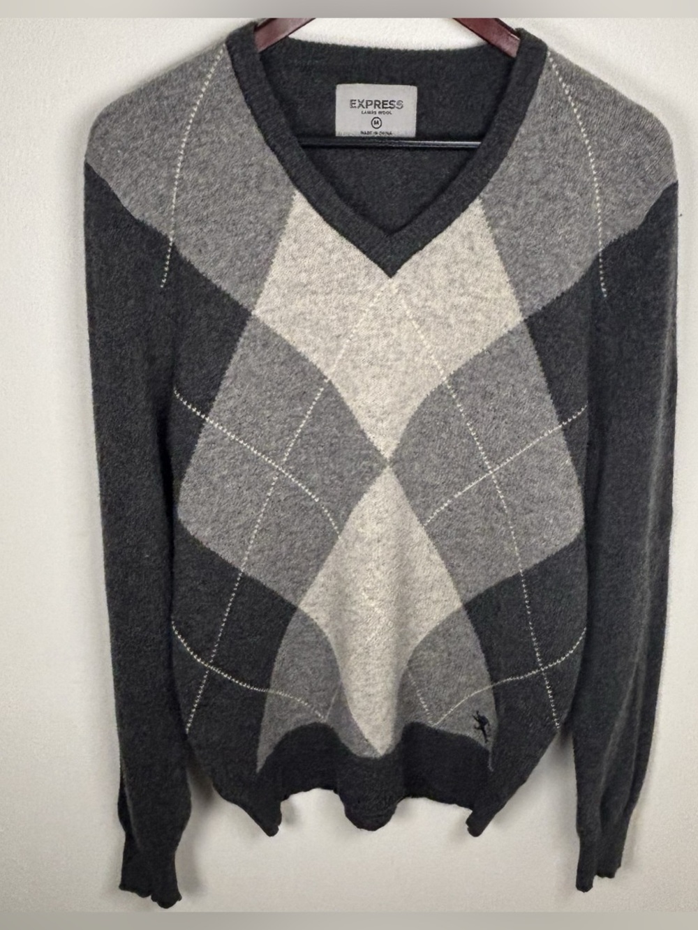 Express Y2K Men's Lambswool Argyle V Neck Sweater M Gray Preppy Ivy Grandpacore